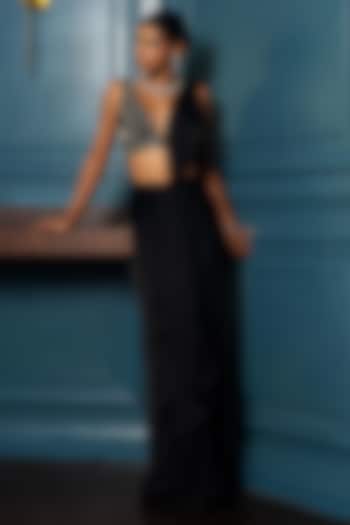 Black Satin Draped Skirt Wedding Saree Set by Charu & Vasundhara at Pernia's Pop Up Shop