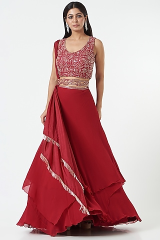 Red Georgette Handkerchief Lehenga Set by Charu & Vasundhara