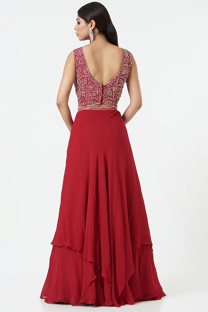 Red Georgette Handkerchief Wedding Lehenga Set by Charu & Vasundhara at Pernia's Pop Up Shop