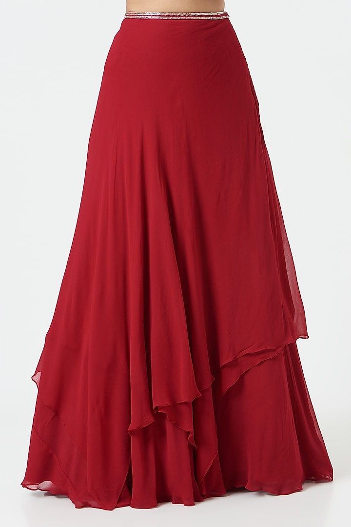 Red Georgette Handkerchief Wedding Lehenga Set by Charu & Vasundhara at Pernia's Pop Up Shop