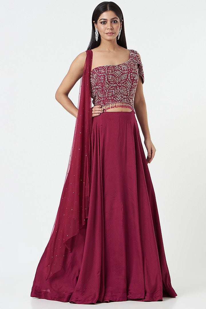 Raspberry Pink Net & Georgette Hand Embroidered Lehenga Set by Charu & Vasundhara at Pernia's Pop Up Shop