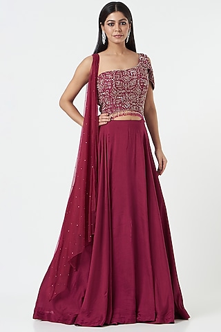 Raspberry Pink Net & Georgette Hand Embroidered Lehenga Set by Charu & Vasundhara
