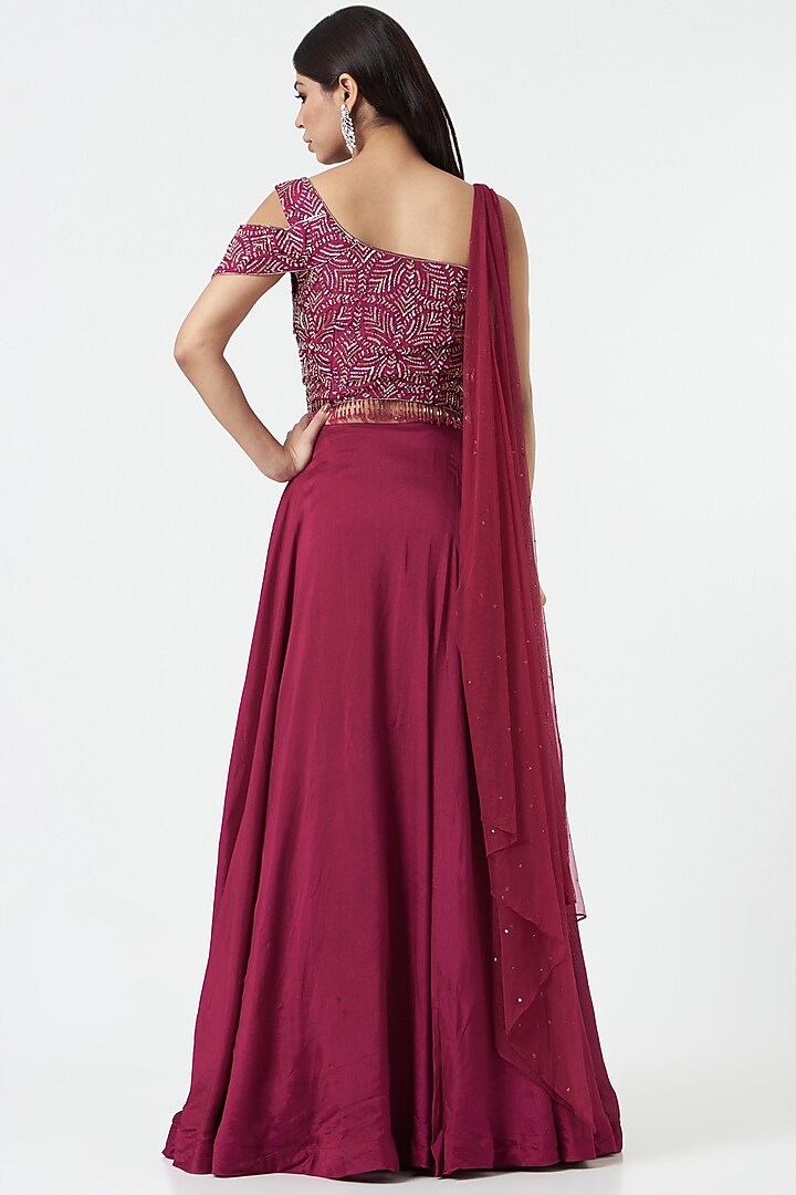 Raspberry Pink Net & Georgette Hand Embroidered Lehenga Set by Charu & Vasundhara at Pernia's Pop Up Shop
