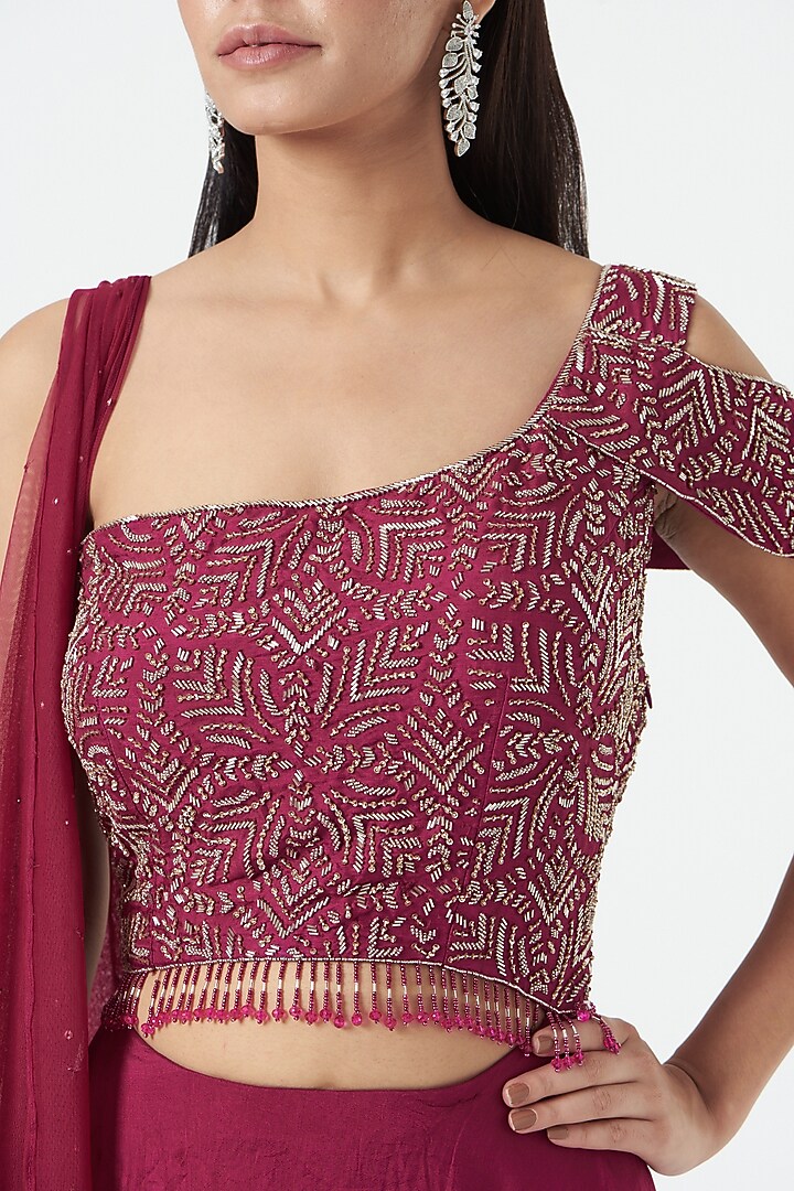 Raspberry Pink Net & Georgette Hand Embroidered Lehenga Set by Charu & Vasundhara at Pernia's Pop Up Shop