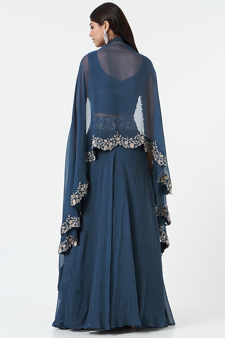 Midnight Blue Chiffon Floral Hand Embroidered Wedding Lehenga Set by Charu & Vasundhara at Pernia's Pop Up Shop
