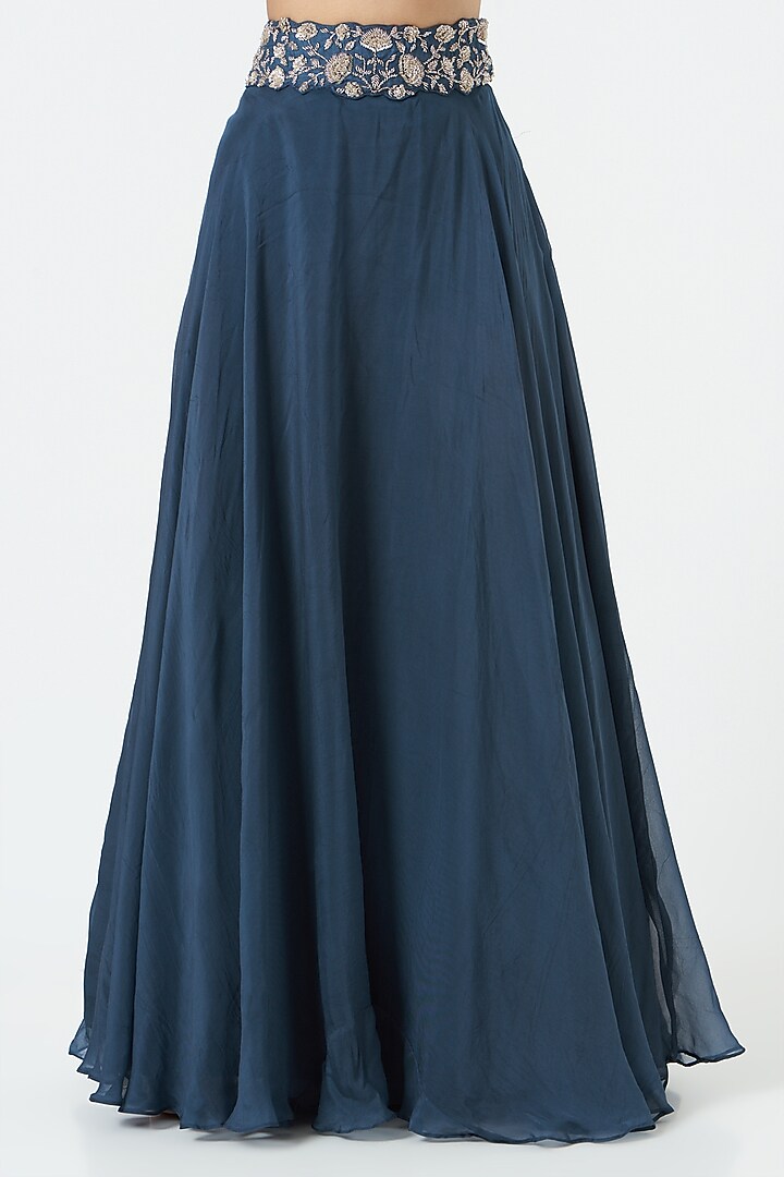 Midnight Blue Chiffon Floral Hand Embroidered Wedding Lehenga Set by Charu & Vasundhara at Pernia's Pop Up Shop