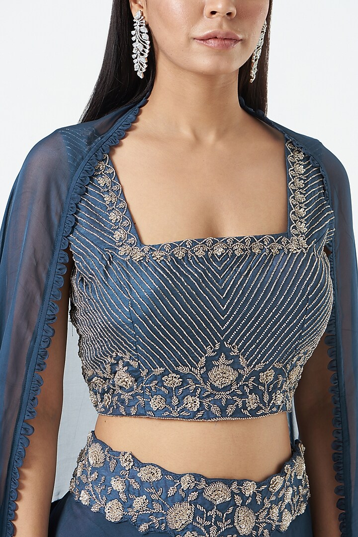 Midnight Blue Chiffon Floral Hand Embroidered Wedding Lehenga Set by Charu & Vasundhara at Pernia's Pop Up Shop