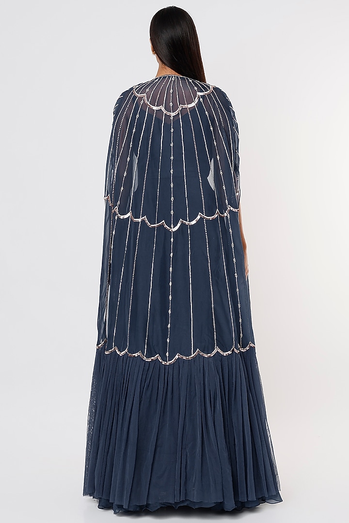 Midnight Blue Georgette Embroidered Jacket Wedding Lehenga Set by Charu & Vasundhara at Pernia's Pop Up Shop