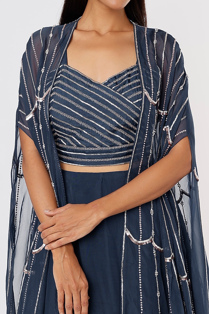 Midnight Blue Georgette Embroidered Jacket Wedding Lehenga Set by Charu & Vasundhara at Pernia's Pop Up Shop