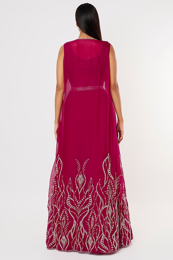 Fuchsia Viscose Organza Embroidered Jacket Wedding Lehenga Set by Charu & Vasundhara at Pernia's Pop Up Shop
