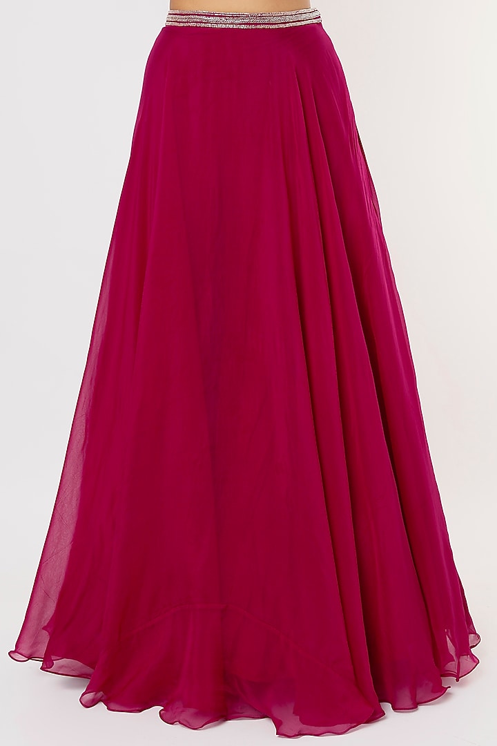 Fuchsia Viscose Organza Embroidered Jacket Wedding Lehenga Set by Charu & Vasundhara at Pernia's Pop Up Shop