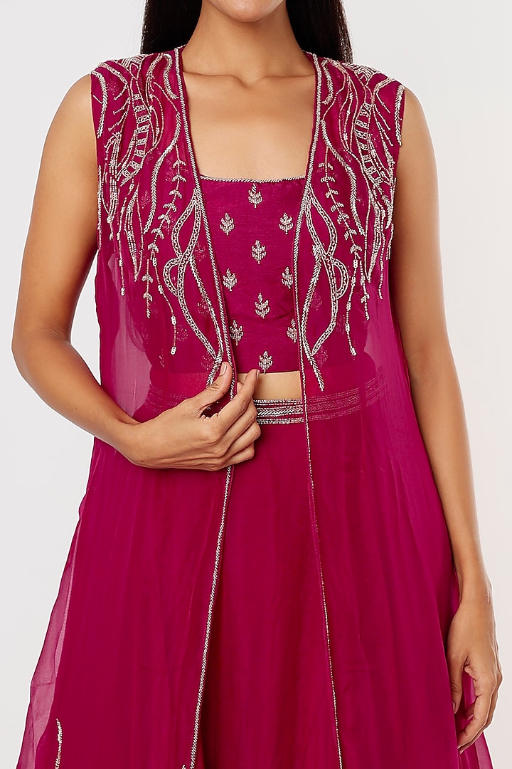 Fuchsia Viscose Organza Embroidered Jacket Wedding Lehenga Set by Charu & Vasundhara at Pernia's Pop Up Shop