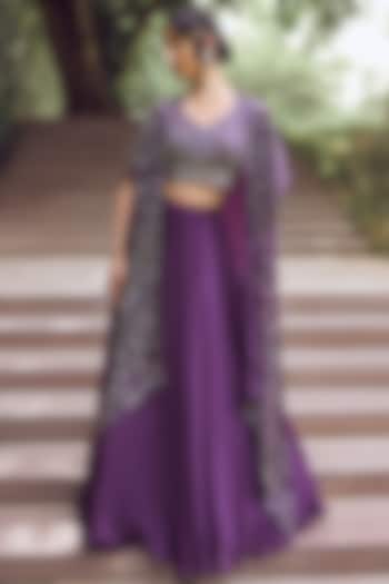 Purple Organza Skirt Set With Kimono Cape by Charu & Vasundhara