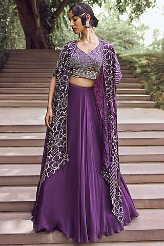 Purple Organza Skirt Set With Kimono Cape by Charu & Vasundhara