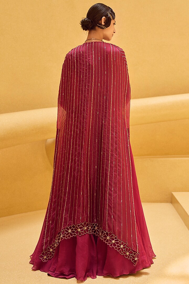 Raspberry Pink Organza Wedding Lehenga Set With Kimono Cape by Charu & Vasundhara at Pernia's Pop Up Shop