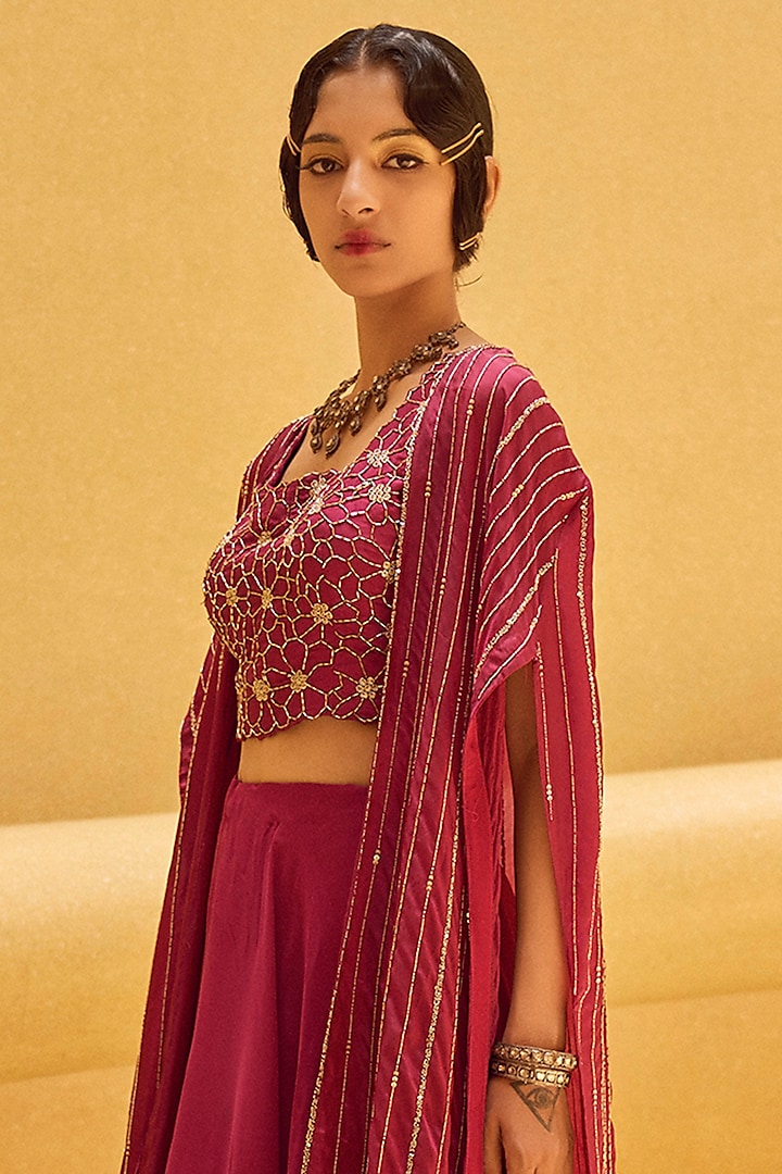 Raspberry Pink Organza Wedding Lehenga Set With Kimono Cape by Charu & Vasundhara at Pernia's Pop Up Shop