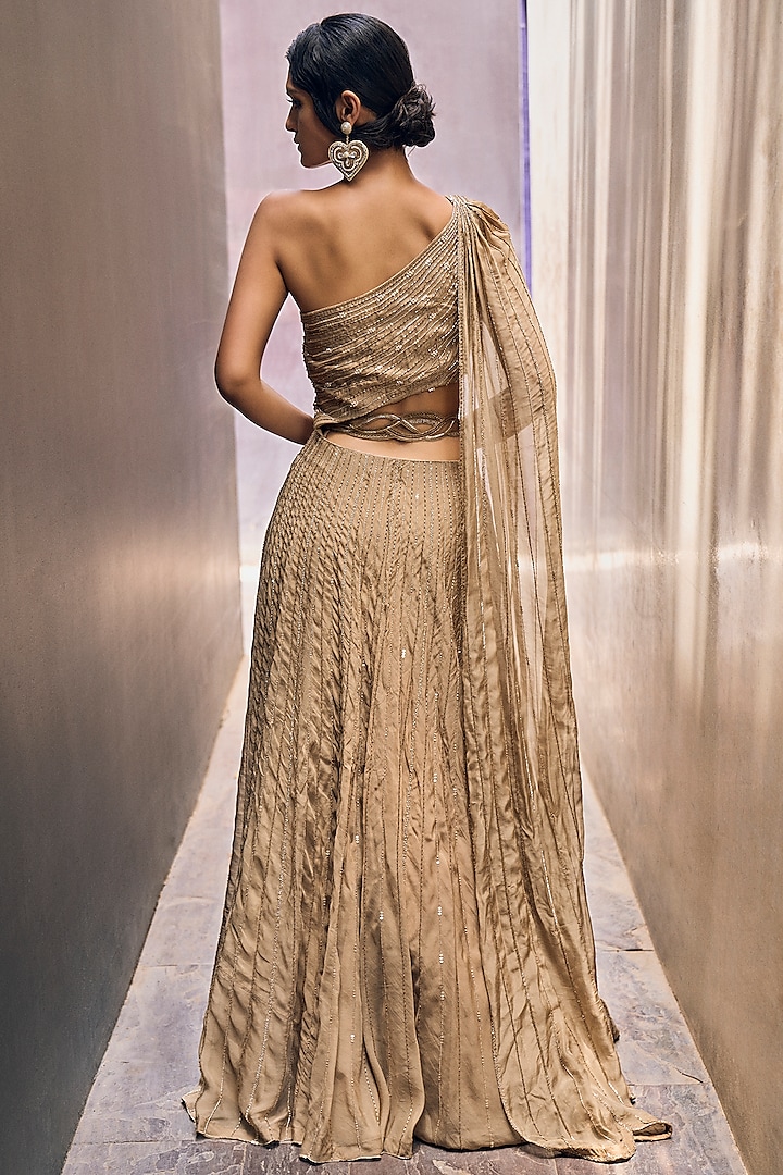 Beige Hand Embroidered One-Shoulder Draped Engagement Gown by Charu & Vasundhara at Pernia's Pop Up Shop