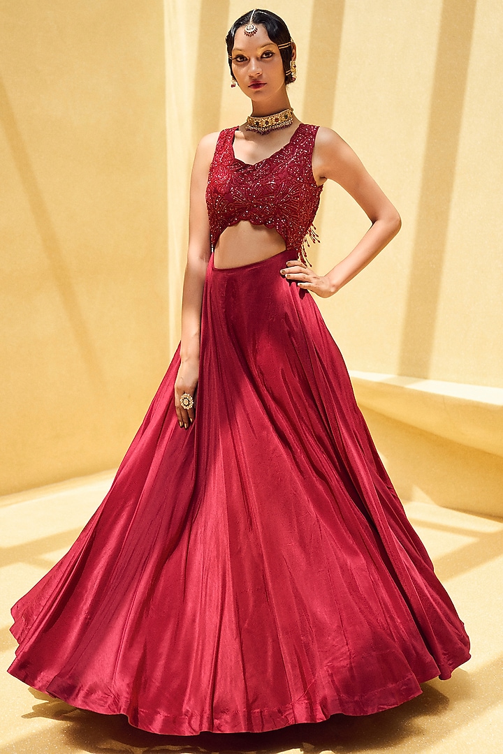 Ox-Blood Hand Embroidered Gown by Charu & Vasundhara