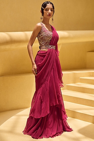 Raspberry Pink Chiffon Ruffled Pre-Draped Saree Set by Charu & Vasundhara