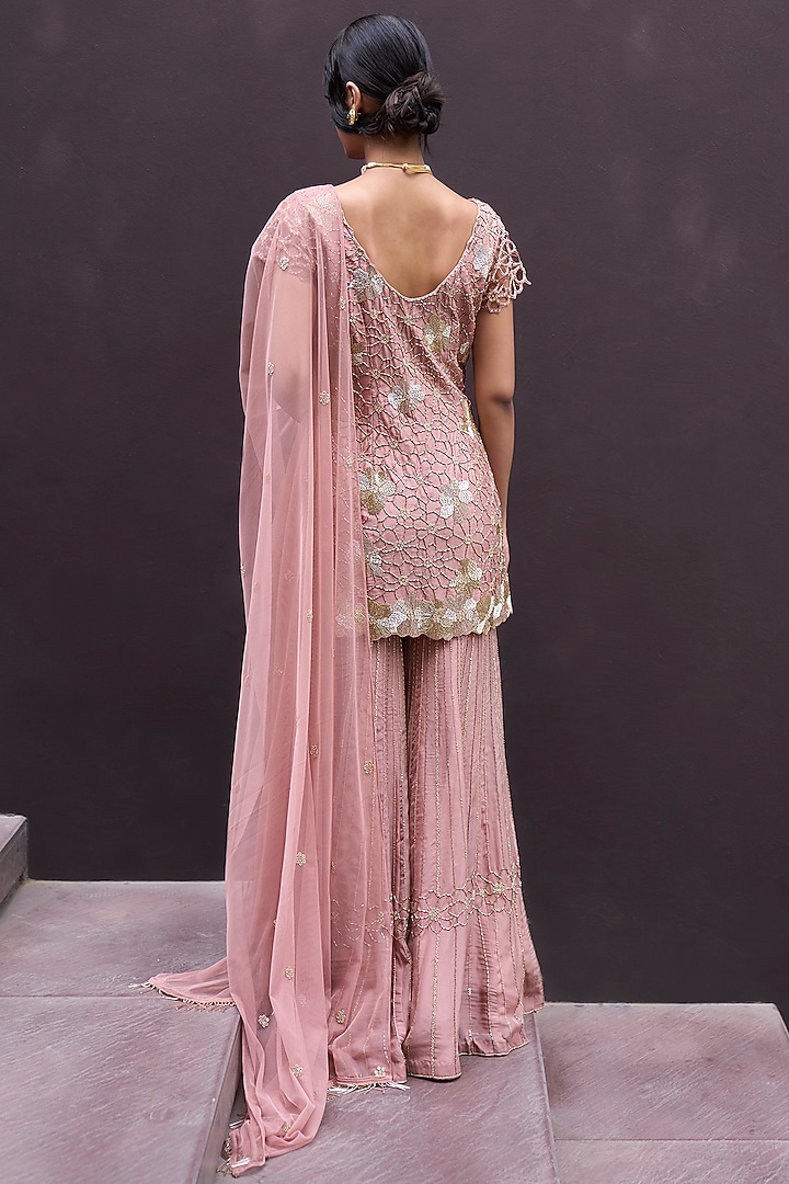 English Rose Pink Organza Wedding Sharara Set by Charu & Vasundhara at Pernia's Pop Up Shop