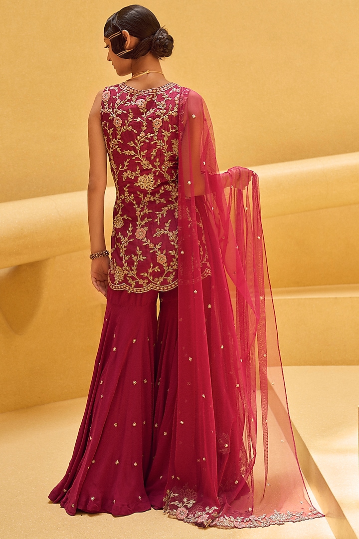 Raspberry Pink Georgette Wedding Sharara Set by Charu & Vasundhara at Pernia's Pop Up Shop