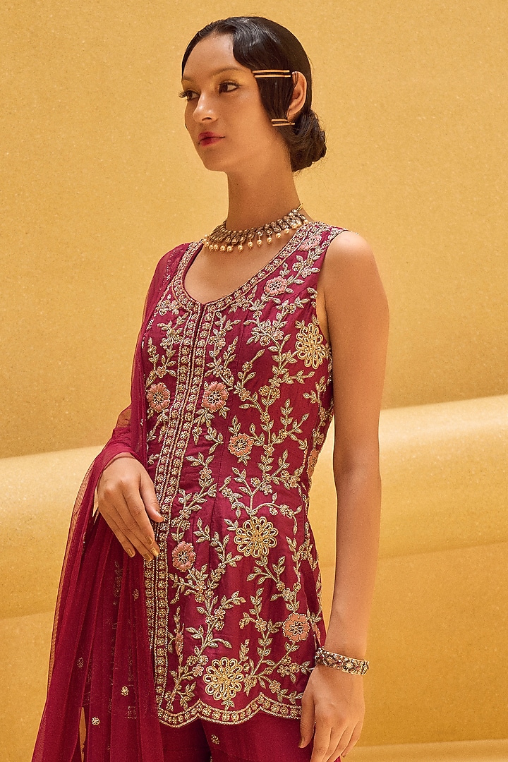 Raspberry Pink Georgette Wedding Sharara Set by Charu & Vasundhara at Pernia's Pop Up Shop
