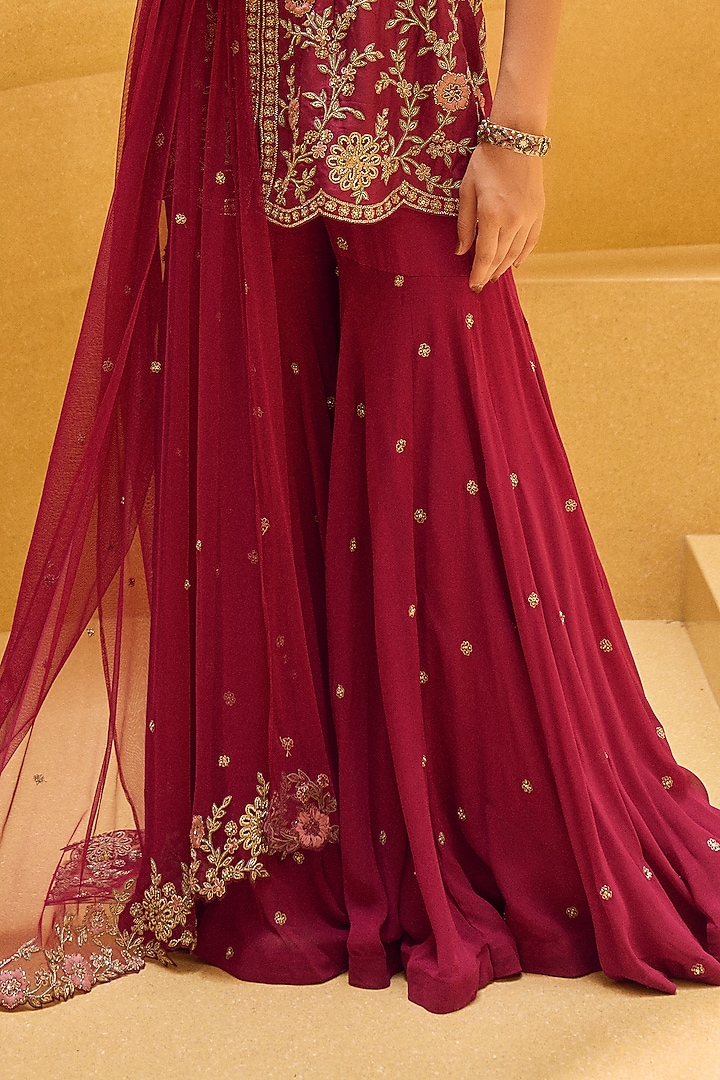 Raspberry Pink Georgette Wedding Sharara Set by Charu & Vasundhara at Pernia's Pop Up Shop
