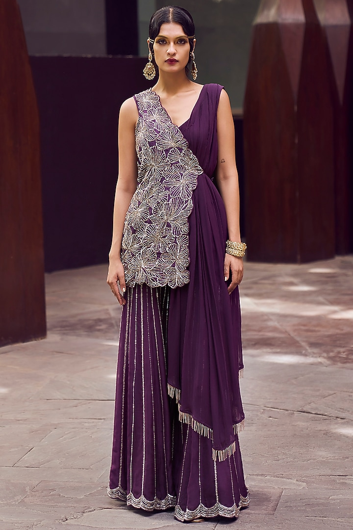 Purple Organza Wedding Sharara Set by Charu & Vasundhara at Pernia's Pop Up Shop