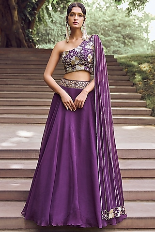 Purple Organza Lehenga Set by Charu & Vasundhara