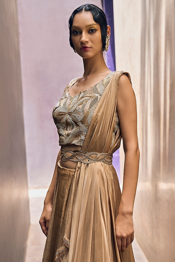 Beige Organza Tissue Wedding Lehenga Set by Charu & Vasundhara at Pernia's Pop Up Shop
