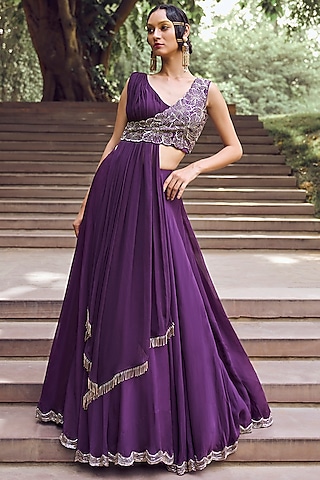 Purple Organza Tissue Jacket Lehenga Set by Charu & Vasundhara