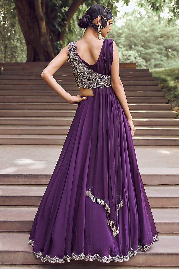 Purple Organza Tissue Jacket Wedding Lehenga Set by Charu & Vasundhara at Pernia's Pop Up Shop