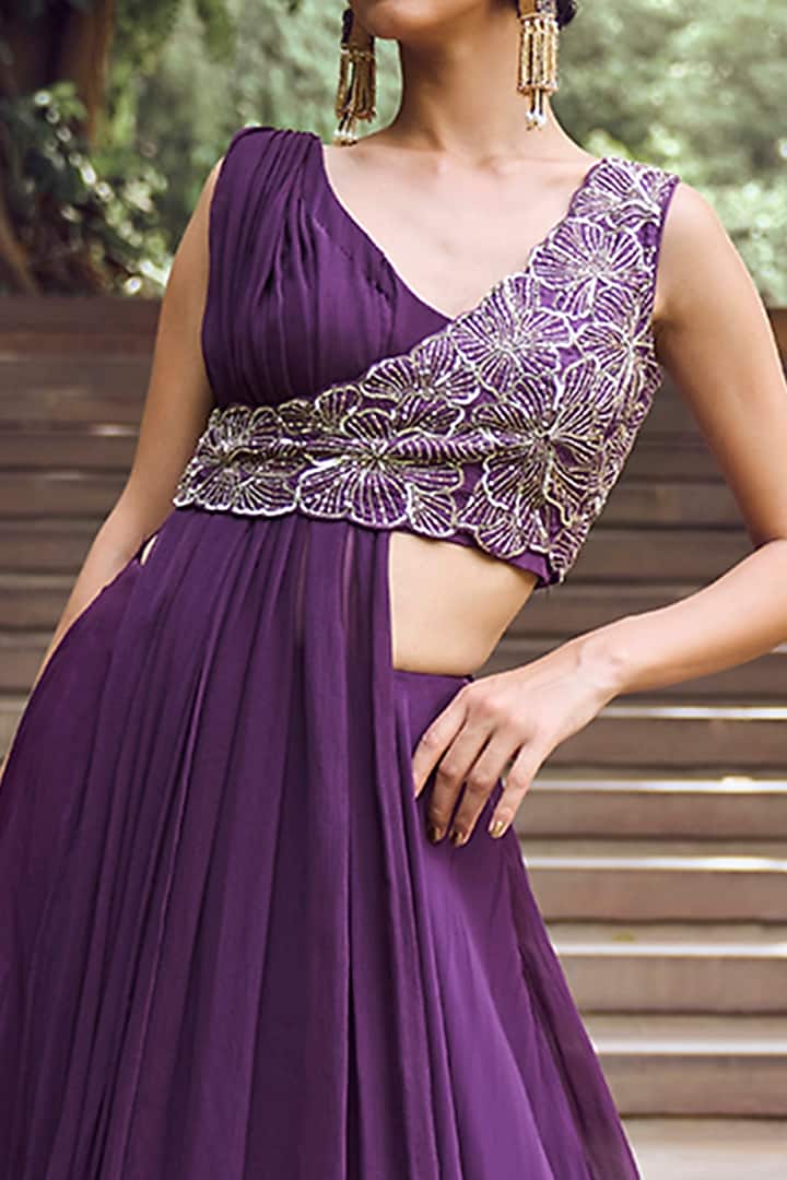 Purple Organza Tissue Jacket Wedding Lehenga Set by Charu & Vasundhara at Pernia's Pop Up Shop