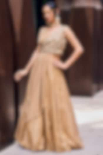 Beige Tissue Organza Embroidered Jacket Wedding Lehenga Set by Charu & Vasundhara at Pernia's Pop Up Shop