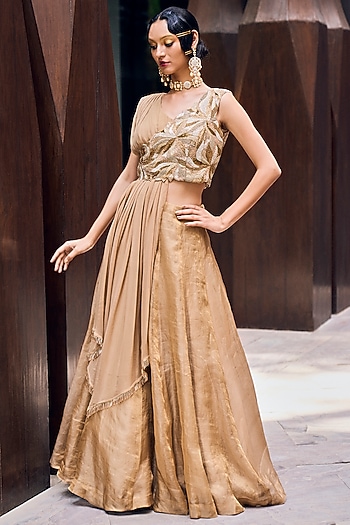 Beige Tissue Organza Embroidered Jacket Wedding Lehenga Set by Charu & Vasundhara at Pernia's Pop Up Shop