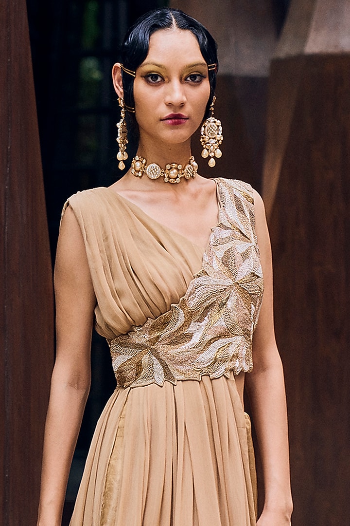 Beige Tissue Organza Embroidered Jacket Wedding Lehenga Set by Charu & Vasundhara at Pernia's Pop Up Shop