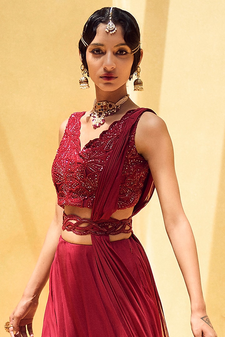 Ox-Blood Organza Wedding Lehenga Set by Charu & Vasundhara at Pernia's Pop Up Shop