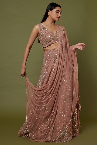 Dusty Rose Pink Embroidered Lehenga Set by Charu & Vasundhara