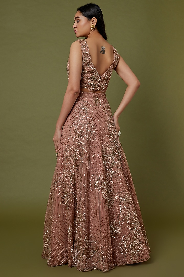 Dusty Rose Pink Embroidered Wedding Lehenga Set by Charu & Vasundhara at Pernia's Pop Up Shop