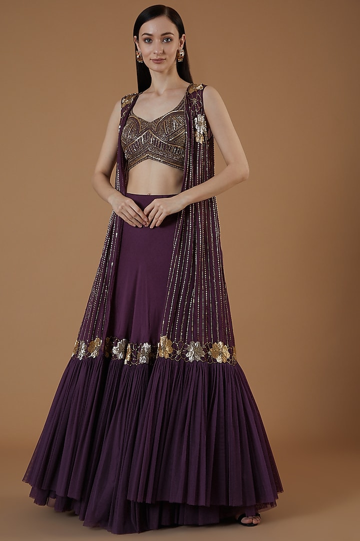 Wine Organza Hand Embroidered Jacket Wedding Lehenga Set by Charu & Vasundhara at Pernia's Pop Up Shop