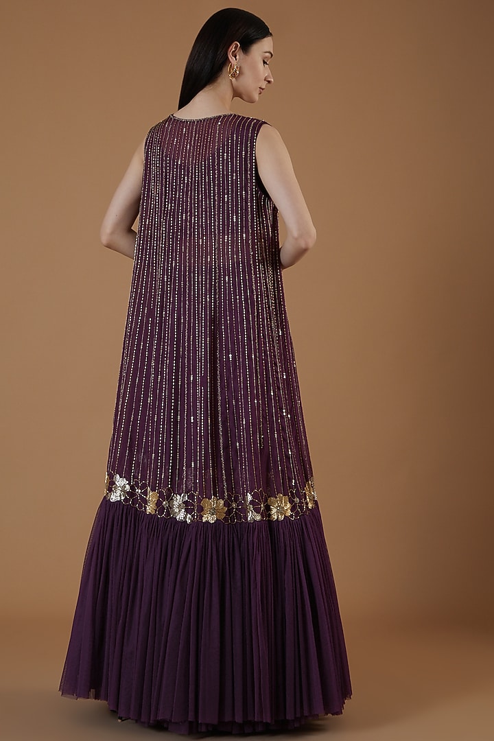 Wine Organza Hand Embroidered Jacket Wedding Lehenga Set by Charu & Vasundhara at Pernia's Pop Up Shop