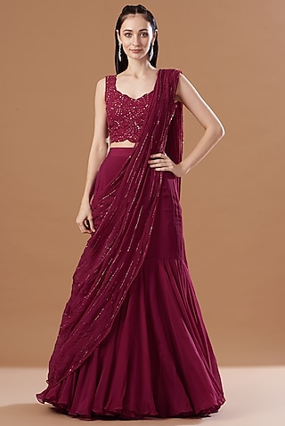 Ox-Blood Red Organza & Tussar Hand Embroidered Lehenga Saree Set by Charu & Vasundhara