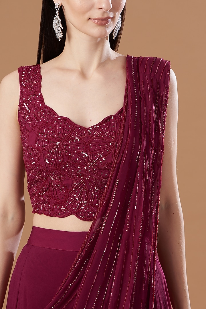 Ox-Blood Red Organza & Tussar Hand Embroidered Wedding Lehenga Saree Set by Charu & Vasundhara at Pernia's Pop Up Shop