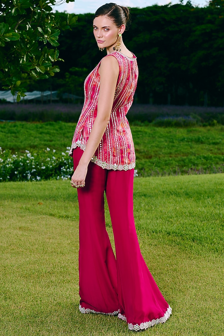 Fuchsia Organza & Taffeta Mirror Work Wedding Sharara Set by Charu & Vasundhara at Pernia's Pop Up Shop