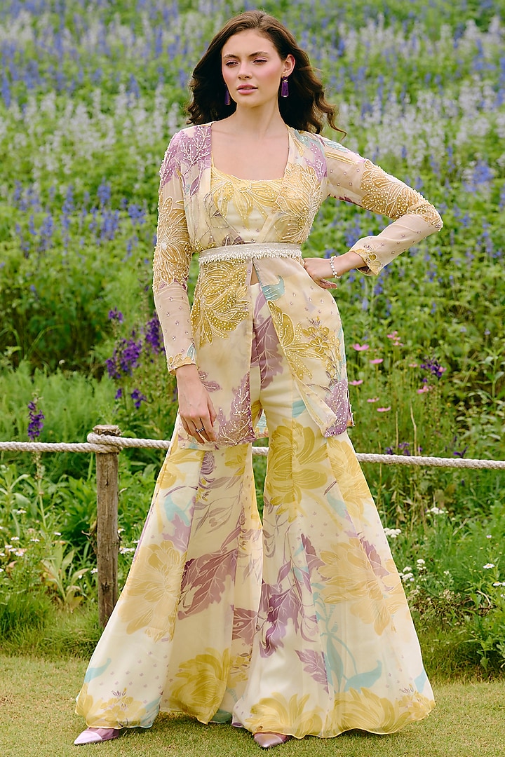 Ivory Organza Floral Printed Jacket Set by Charu & Vasundhara at Pernia's Pop Up Shop