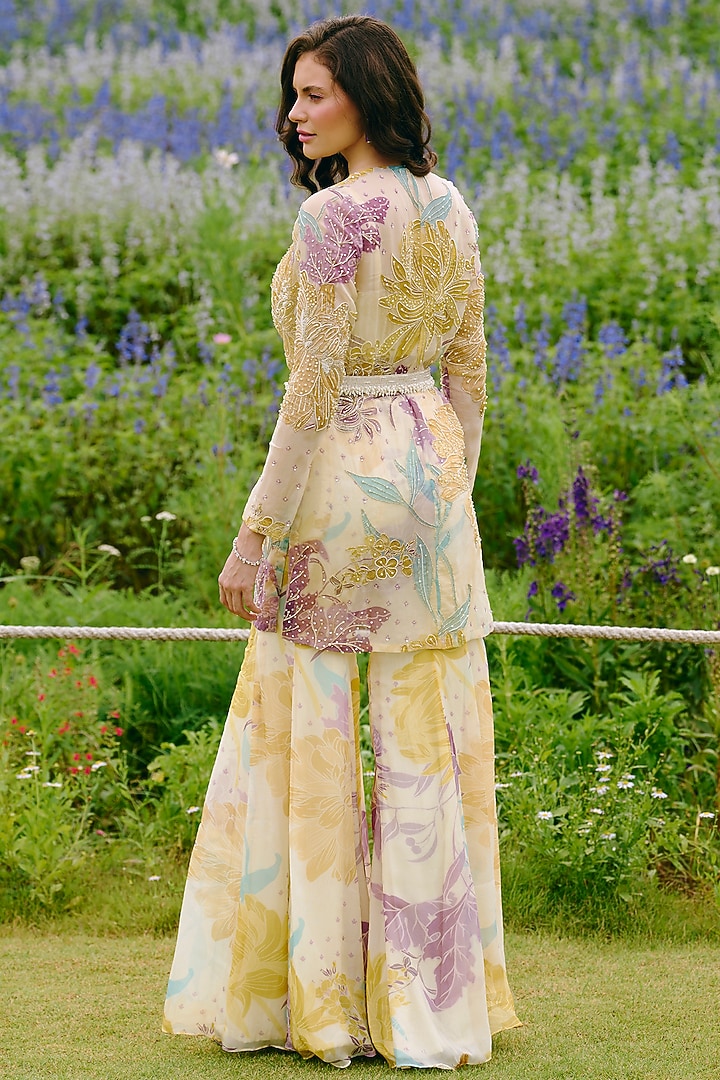 Ivory Organza Floral Printed Jacket Set by Charu & Vasundhara at Pernia's Pop Up Shop