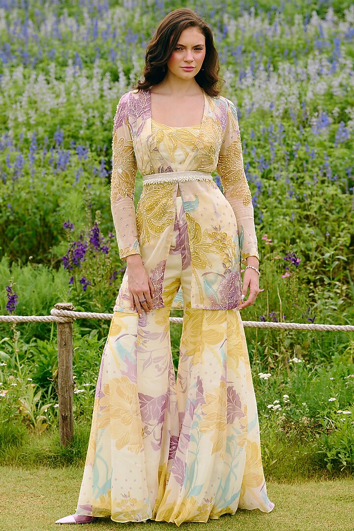 Ivory Organza Floral Printed Jacket Set by Charu & Vasundhara at Pernia's Pop Up Shop