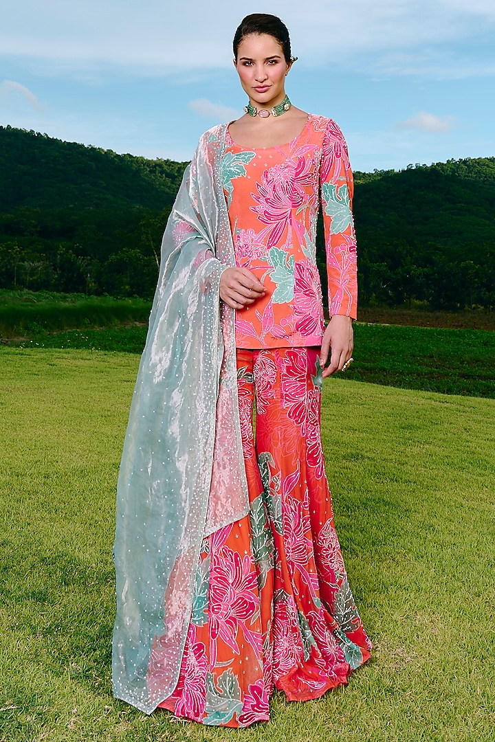 Orange Crepe & Organza Flared Wedding Sharara Set by Charu & Vasundhara at Pernia's Pop Up Shop