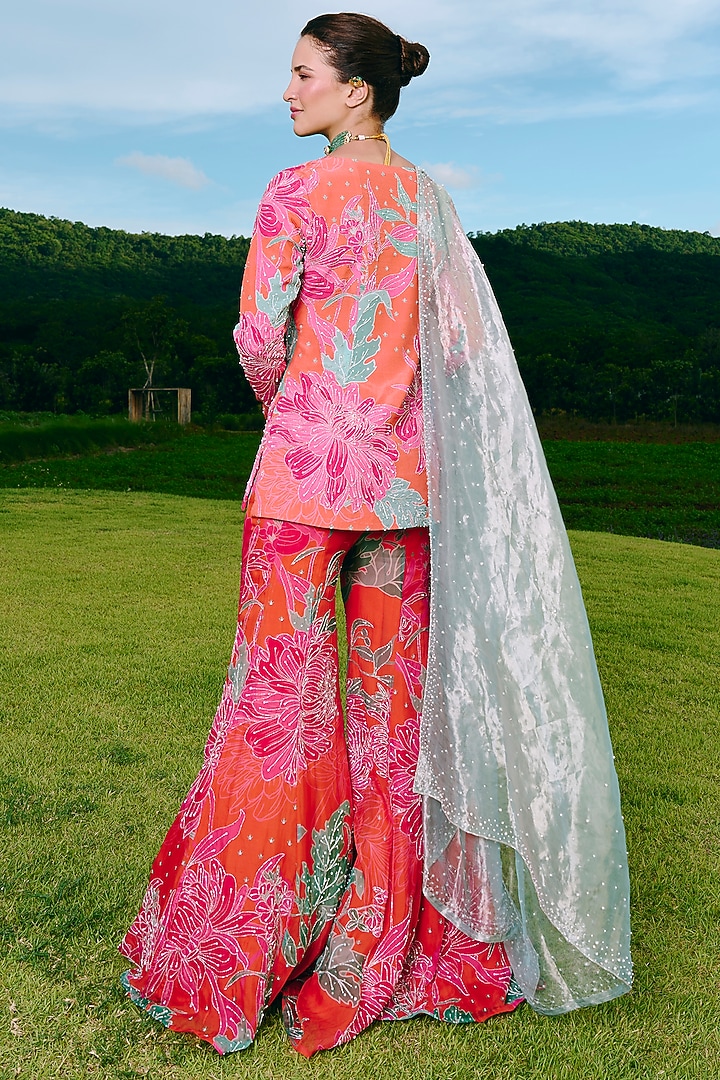 Orange Crepe & Organza Flared Wedding Sharara Set by Charu & Vasundhara at Pernia's Pop Up Shop