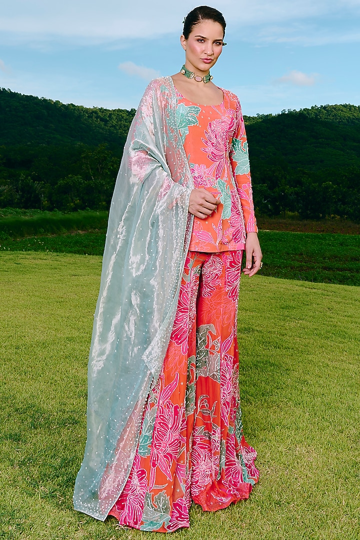 Orange Crepe & Organza Flared Wedding Sharara Set by Charu & Vasundhara at Pernia's Pop Up Shop